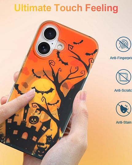 Halloween Case for iPhone 16 Case [ Compatible with Magsafe ] Holographic Orange Sky with Black Castle, Bats, Ghosts and Pumpkins Pattern Design, Creative Magnetic Protective Phone Cover