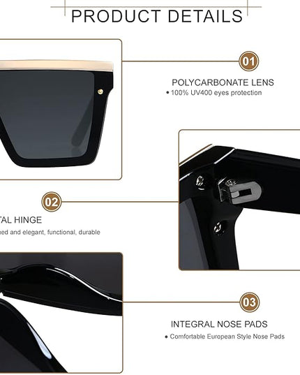LYZOIT Square Oversized Sunglasses for Women Men Big Flat Top Fashion Shield Large UV Protection Rimless Shades