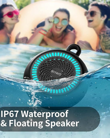 SOWO Shower Speaker Bluetooth Waterproof | Small Portable Wireless Bluetooth Speaker with Clip | Powerful Bass and Louder Volume | Colorful Lights and Lightweight | for Bathroom,Travel,Beach | Black