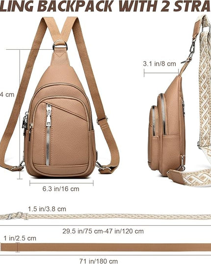 Sling Bag Crossbody Backpack - 2 in 1 Leather Cross Body Bag Fanny Pack with 2 Removable Straps
