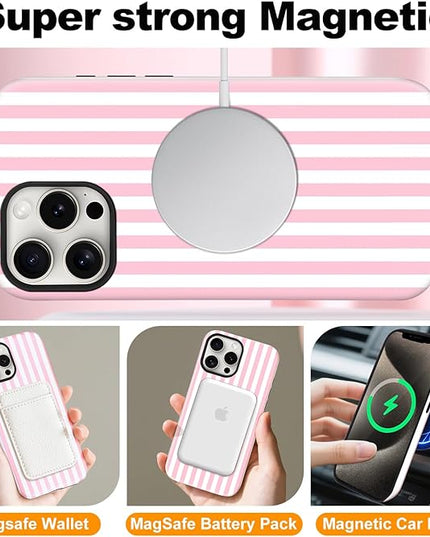Magnetic for iPhone 16 Pro Max Case Cute Stripes Phone Case, Shockproof Slim TPU and Hard PC Protective Phone Cover Compatible with MagSafe Designed for Women Girls, Pink and White