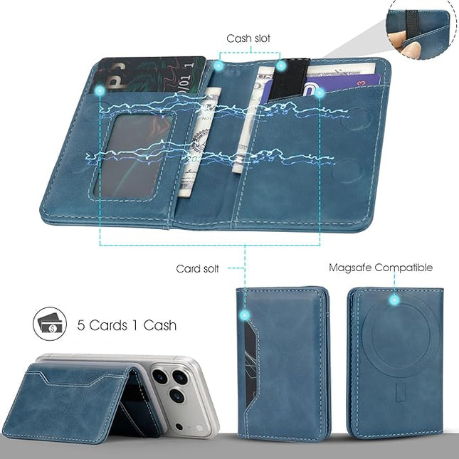 ASAPDOS For MagSafe Wallet,Magnetic Card Holder RFID Blocking Wallet with 5 Card Slots & Cash Pocket For iPhone 17/16/ 15/14/ 13/12/ Pro/Max/Plus/Air Blue