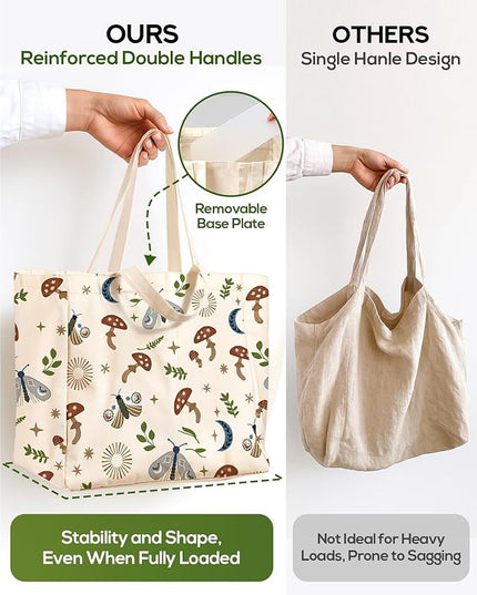 Large Canvas Grocery Tote Bag - Reusable Extra Large Shopping Shoulder Bags with 6 Inner Pockets & 2 Handle Strap