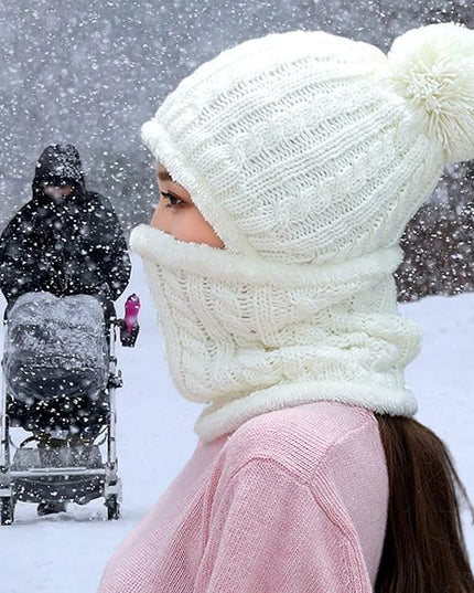 HUAMULAN Women Winter Beanie Hats One Piece Fleece Lined Knit Balaclavas Mask Set Skull Neck Circle Scarf Ski Snow Hat Pompom