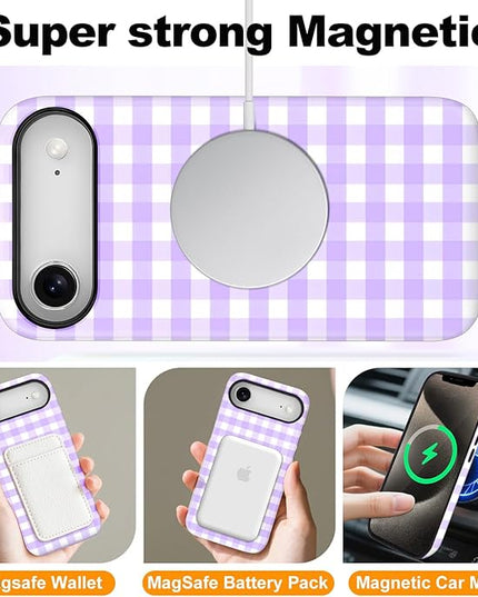 Magnetic for iPhone 17 Air Case Cute Checkered Stripes Phone Case for Women Girls, Shockproof Slim TPU and Hard PC Protective Phone Cover Compatible with MagSafe Designed, Purple