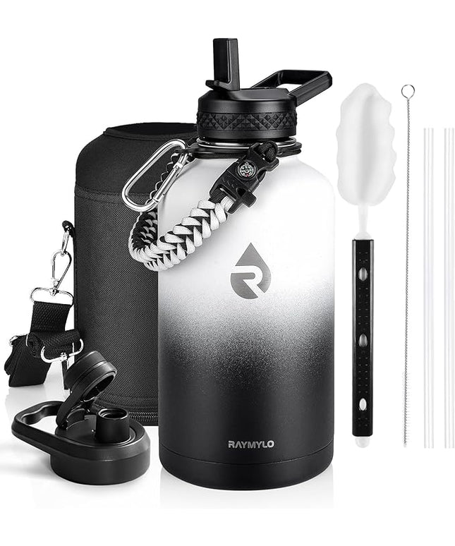 Insulated Water Bottle 64 oz, Triple Wall Vacuum Stainless Steel (Cold for 48 Hrs), Leak Proof & Non-BPA, Half Gallon Water Flask Jug with Paracord Handle & Straw Spout Lids, White/Black