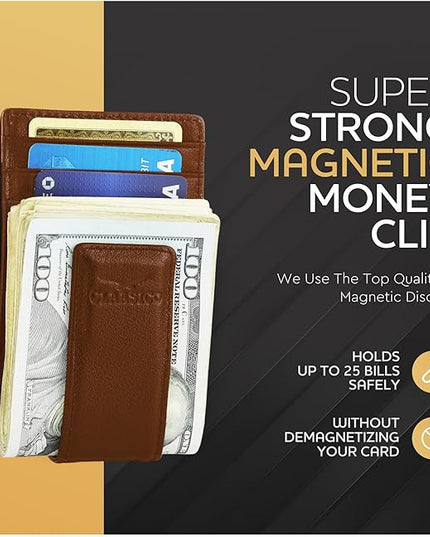 Money Clip Leather Wallet For Men Slim Front Pocket RFID Blocking with Super Strong Magnetic