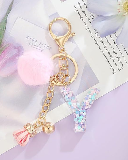 Resin Alphabet Initial Letter Keychain Keyring for Women Purse Handbags With Fur Ball Pom