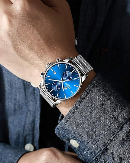 GOLDEN HOUR Mens Watch Fashion Sleek Minimalist Quartz Analog Mesh Stainless Steel Waterproof Chronograph Watches for Men with Auto Date
