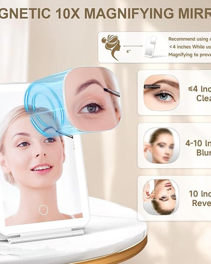 Mocado LED Foldable Travel Makeup Mirror - 5x7 inches 3 Colors Light Modes USB Rechargeable Touch Screen, Portable Tabletop Cosmetic Mirror for Travel, Cosmetic, Office (White)