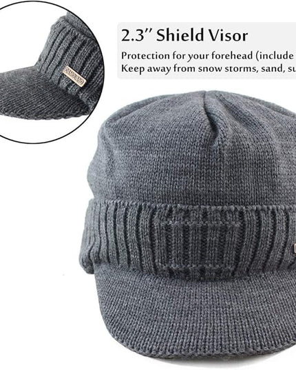 Winter Beanie w/Visor & Earflaps for Men Outdoor Fleece Hat Scarf Set