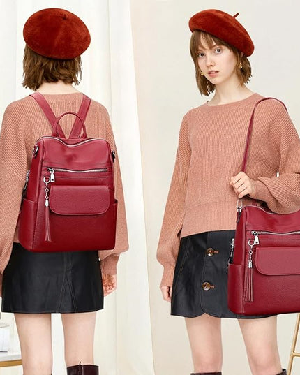 ALTOSY Genuine Leather Backpack Purse for Women Large Convertible Shoulder bag Ladies Crossdody Bag with Tassel(S115 Wine Red)