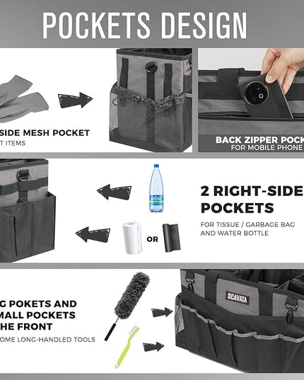 Wearable Cleaning Caddy Bag, Cleaning Caddy Supplies Organizer with Handle & Shoulder Straps for Housekeepers, Under Sink & Car Cleaning Tool Organizers with 4 Foldable Divider (DarkGrey)