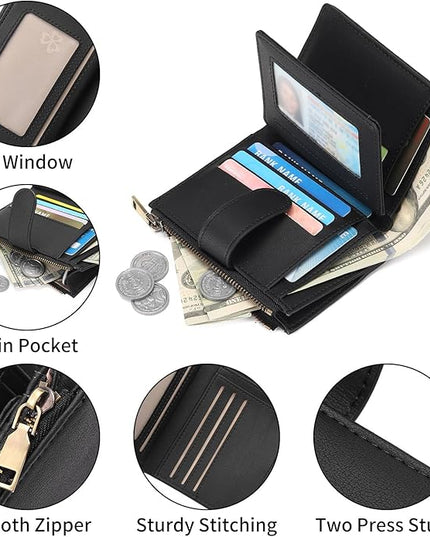 GAEKEAO Small Wallet for Women, Bifold Leather RFID Blocking Ladies Compact Card Holder with Zipper Pocket & ID Window