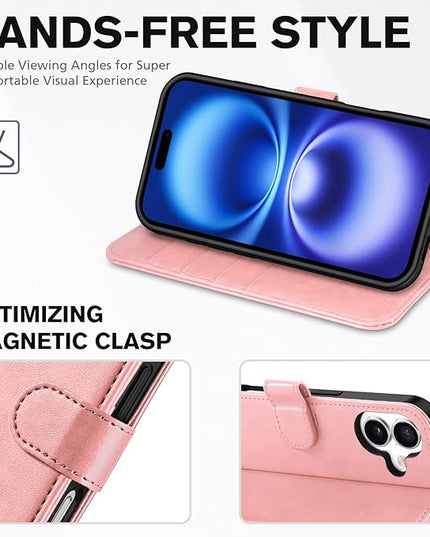 TUCCH Wallet Case for iPhone 16 5G, [Wrist Strap] Kickstand RFID Blocking 4 Card Slots Magnetic Closure, PU Leather Shockproof TPU Shell Compatible with iPhone 16 2024, Rose Gold with Wristlet