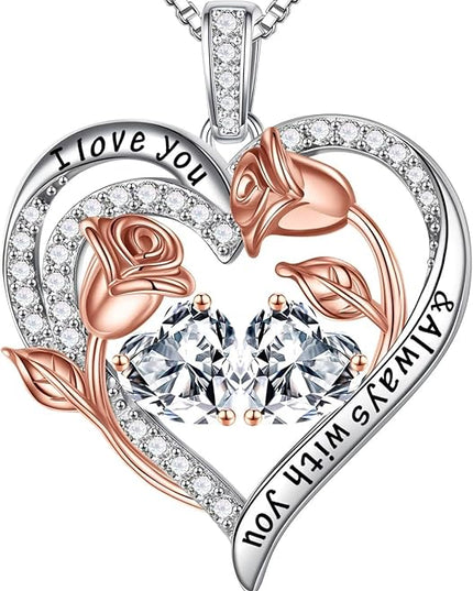 Iefil Christmas Gifts for Women Wife - 925 Sterling Silver Rose Heart Birthstone Necklace Birthday Anniversary Jewelry Gifts for Her Wife Mom Daughter