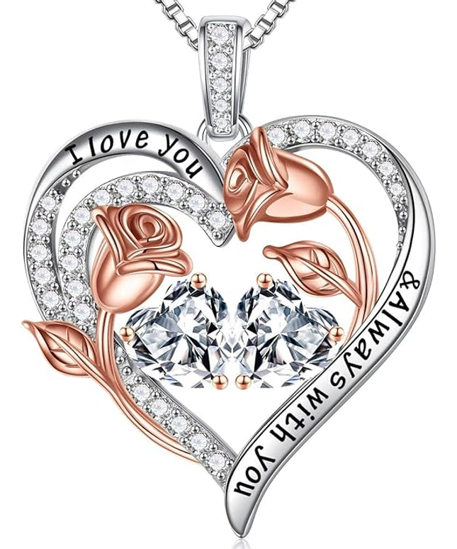 Iefil Christmas Gifts for Women Wife - 925 Sterling Silver Rose Heart Birthstone Necklace Birthday Anniversary Jewelry Gifts for Her Wife Mom Daughter