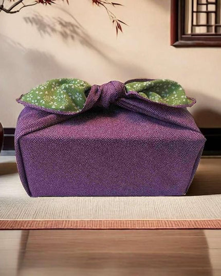 Furoshiki Japanese Wrapping Cloth Eco-Gift Wrap Paper Reversible Shark Skin Cherry blossoms Pattern, Eco-bag Bento Lunch Cake Wine Bottle Kimono Cover (Purple and Green, 27.6 x 27.6 inches)