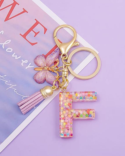 Fashion Alphabet Initial Letter Keychain Tassel Butterfly Pendant Key Ring for Purse Handbags Women Girl