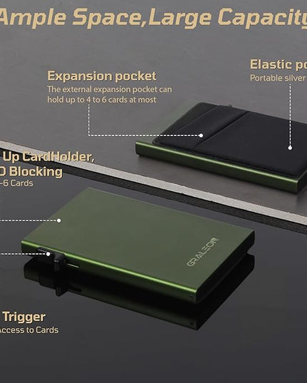 Slim Card Holder Wallet for Men with 12 Card Slots,RFID Blocking Pop Up men's wallet,Metal Wallet with Superelastic Material Expandable Front Pocket Perfectly holds cards,bills,and coins(green)