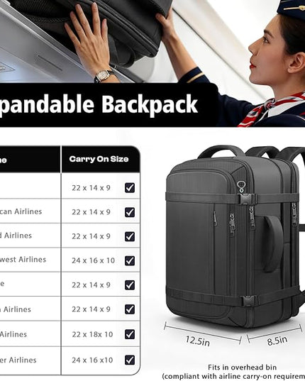 Travel Backpack,Expandable Carry on Backpack 40-50L with USB Cable Port,Fits 17.3 Inch Laptop Notebook,Water Resistant Weekender Travel Laptop Backpack for Men Women Business Trips,Daily Travel,Black