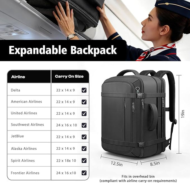 Travel Backpack,Expandable Carry on Backpack 40-50L with USB Cable Port,Fits 17.3 Inch Laptop Notebook,Water Resistant Weekender Travel Laptop Backpack for Men Women Business Trips,Daily Travel,Black
