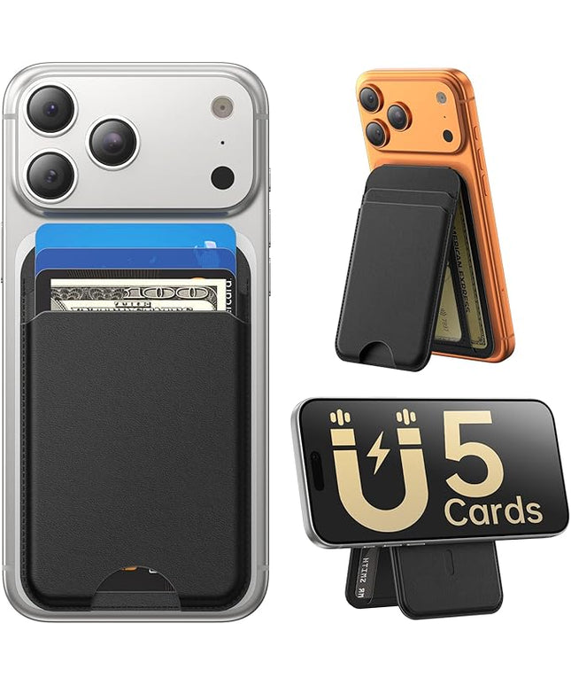 Fanseesy for MagSafe Wallet with Stand, 5 Card Holder, Slim Leather Magnetic Wallet for iPhone 17/16/15/14/13/12 Pro Max Plus Air Series, 3 Card Slots & 1 Cash Slot,Black