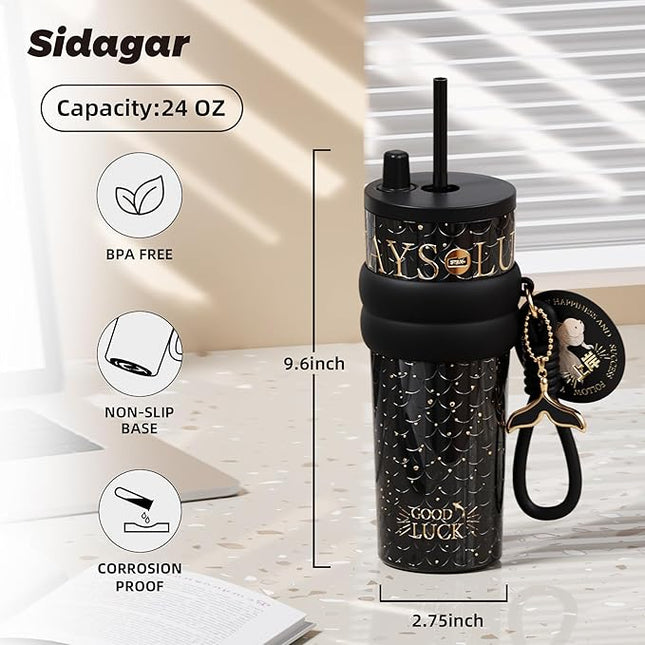 24 oz Tumbler with Lid and Straw, Insulated Coffee Mug Leak Proof, Portable Iced Travel Water Bottle, Reusable Thermal Coffee Cup, Gifts for Women, Mystic Black