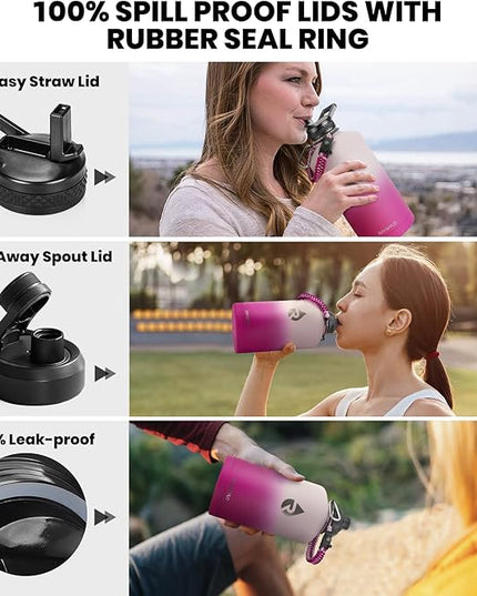 One Gallon Water Bottle Insulated, Triple Walled Vacuum Stainless Steel (Cold for 48 Hrs), Leak Proof & Non-BPA, Large Water Flask Jug with Paracord Handle & Straw Spout Lids
