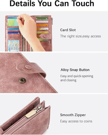 SENDEFN Wallet for Women RFID Blocking Leather Clutch Long Purse Large Capacity Credit Card Holder Wristlet