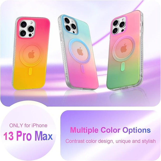 Aesthetic Case for iPhone 13 Pro Max Case for Women Girls, Compatible with Magsafe, Cute Girly Trendy Glitter Sparkly Rainbow Magnetic Protective Phone Cover, Matte Iridescent Red & Yellow