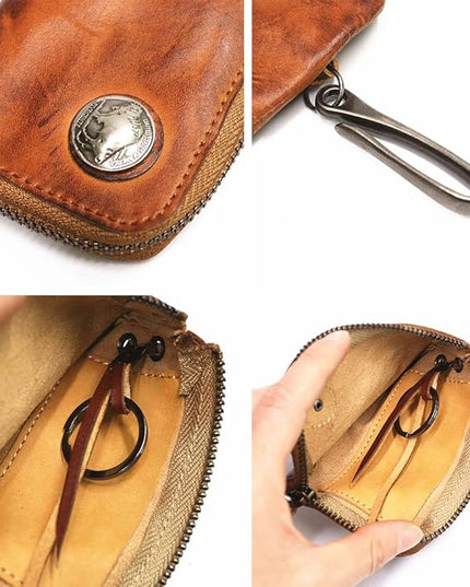 Wugebud 1 Pcs Leather Mini Medieval Pouch Keychain, Coin Organizer, Change Holder, Leather zipper Pouch for Men & Women