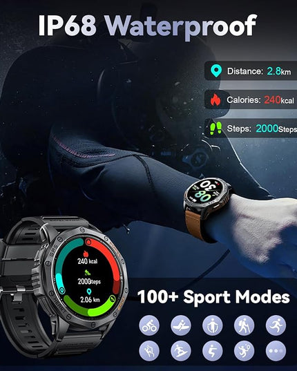 LIGE GPS Smart Watches for Men, Bluetooth Call, LED Flashlight, Compass, 1.43" AMOLED Fitness Watch with Heart Rate/Sleep Monitor, 100+ Sports Modes, iOS Android Compatible, Military Outdoor, Brown