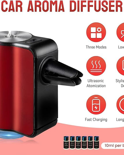 Featwell Car Air Freshener, Three Adjustable Modes Intelligent Aroma Diffuser, Rechargeable Car Diffuser Air Freshener, Red