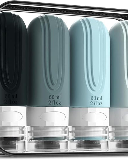 Travel Bottles for Toiletries, Tsa Approved 2oz Travel size Bottles, BPA Free Leak Proof Travels Toiletry Containers, Traveler Accessories with Toiletry Bag for Shampoo Liquid (4 Pack)
