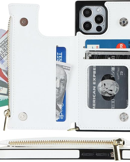 Bocasal Crossbody Wallet Case for iPhone 12/12 Pro with Card Holder,Zipper Card Slot Protector Shockproof Purse Cover with Removable Cross Body Strap 6.1 Inch (White)