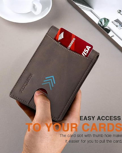 RUNBOX Slim Wallet for Men Genuine Leather RFID Blocking Bifold Minimalist Front Pocket Mens Wallet with Money Clip Thin Gift Box