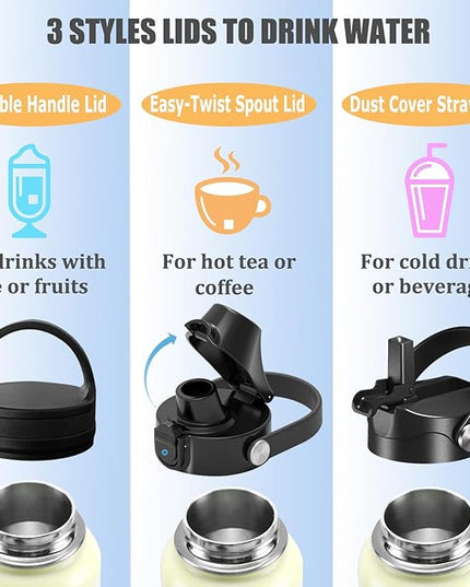 Water Bottle Insulated 32oz 40oz 64oz 128oz Straw Lid Spout Lid & 3 Lids, Leak Proof, Vacuum Insulated,Stainless Steel Water Bottle Wide Mouth for Sports, Gym or Office