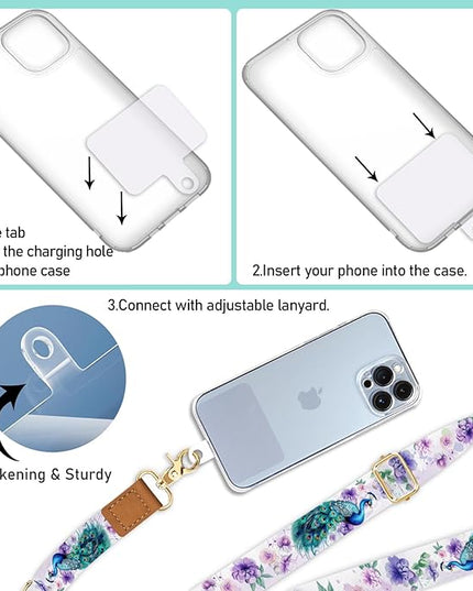 Phone Lanyard Crossbody Wrist Strap, Peacock Floral Cell Phone Lanyards for Around the Neck Wristlet Shoulder, Adjustable Flower Strap for Car Keys Keychain Wallet ID Badge
