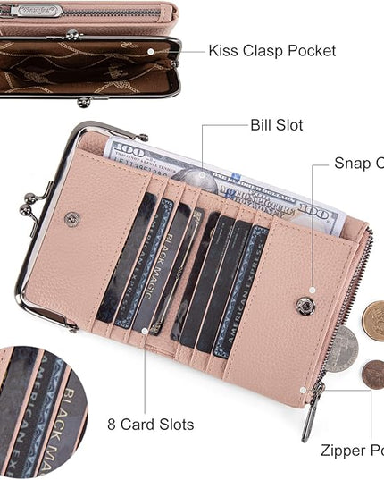 Montana West Wrangler Women's Wallet RFID Blocking Wallets Small Bifold Credit Card Holder with Kiss Clasp Pink