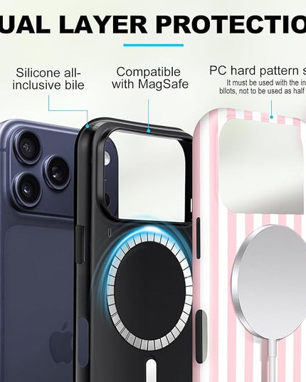 Magnetic for iPhone 17 Pro Max Case Cute Stripes Phone Case, Shockproof Slim TPU and Hard PC Protective Phone Cover Compatible with MagSafe Designed for Women Girls, Pink and White
