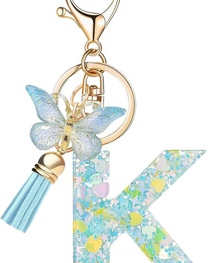 Fashion Alphabet Initial Letter Keychain Tassel Butterfly Pendant Key Ring for Purse Handbags Women Girl
