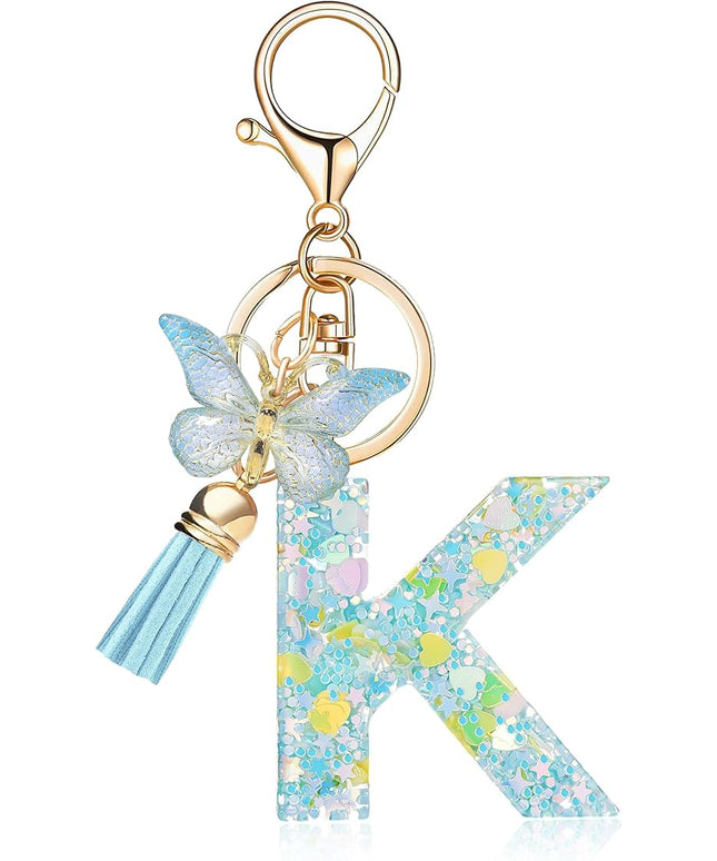 Fashion Alphabet Initial Letter Keychain Tassel Butterfly Pendant Key Ring for Purse Handbags Women Girl