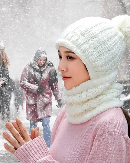 HUAMULAN Women Winter Beanie Hats One Piece Fleece Lined Knit Balaclavas Mask Set Skull Neck Circle Scarf Ski Snow Hat Pompom