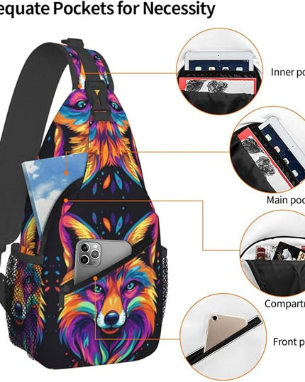 Animal Face Sling Bag Crossbody Bags Chest Bag Backpack for Travel Running and Hiking for Men Women Colorful Fox