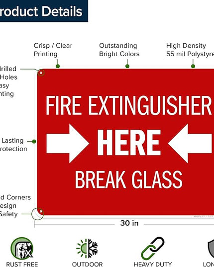 Fire Extinguisher Here Break Glass Sign, 24x30 Inches, 55 mil thick HDPS (high density polystyrene), Made in USA by My Sign Center