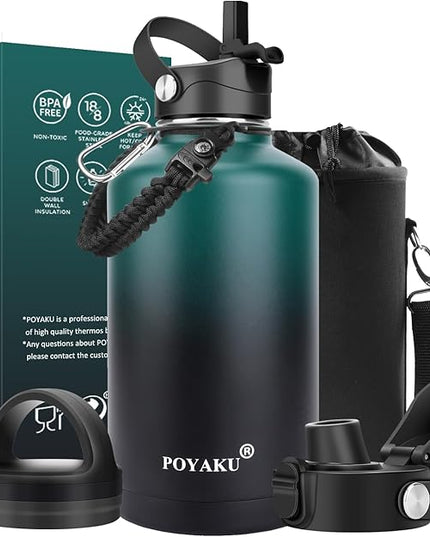 Water Bottle Insulated 32oz 40oz 64oz 128oz Straw Lid Spout Lid & 3 Lids, Leak Proof, Vacuum Insulated,Stainless Steel Water Bottle Wide Mouth for Sports, Gym or Office