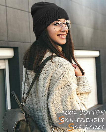 100% Cotton Beanie Hat- Unisex Ultra Soft Winter Warm Stretch Knit Cuffed Hats Fisherman Beanies Skull Cap