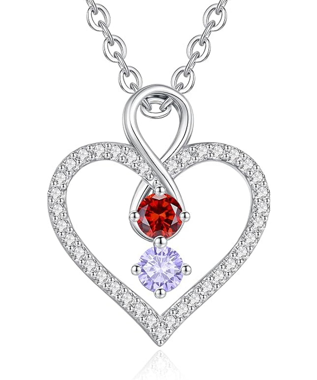 LOUISA SECRET Infinity Double Birthstone Necklace, 925 Sterling Silver Tiny Pendant Heart Necklace for Women Wife Her, Best Jewelry Gift Heart Jewelry Meaningful Gift for Valentine's Day, Christmas, Birthday Anniversary