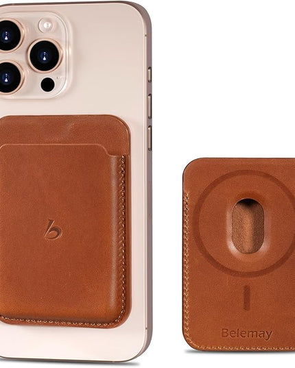 Belemay Strong Magnetic Wallet Compatible with Magsafe, Luxury Minimal Card Holder for 1-2 Cards, Premium Full-grain Smooth Leather Compatible with iPhone 17/16/15/14/13/12 series&MagSafe cases, Brown